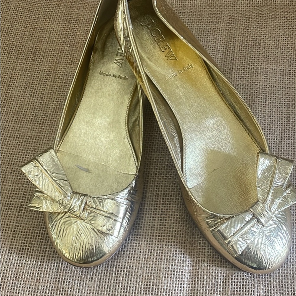 J. Crew Gold Ballet Flats with Bow Detail
